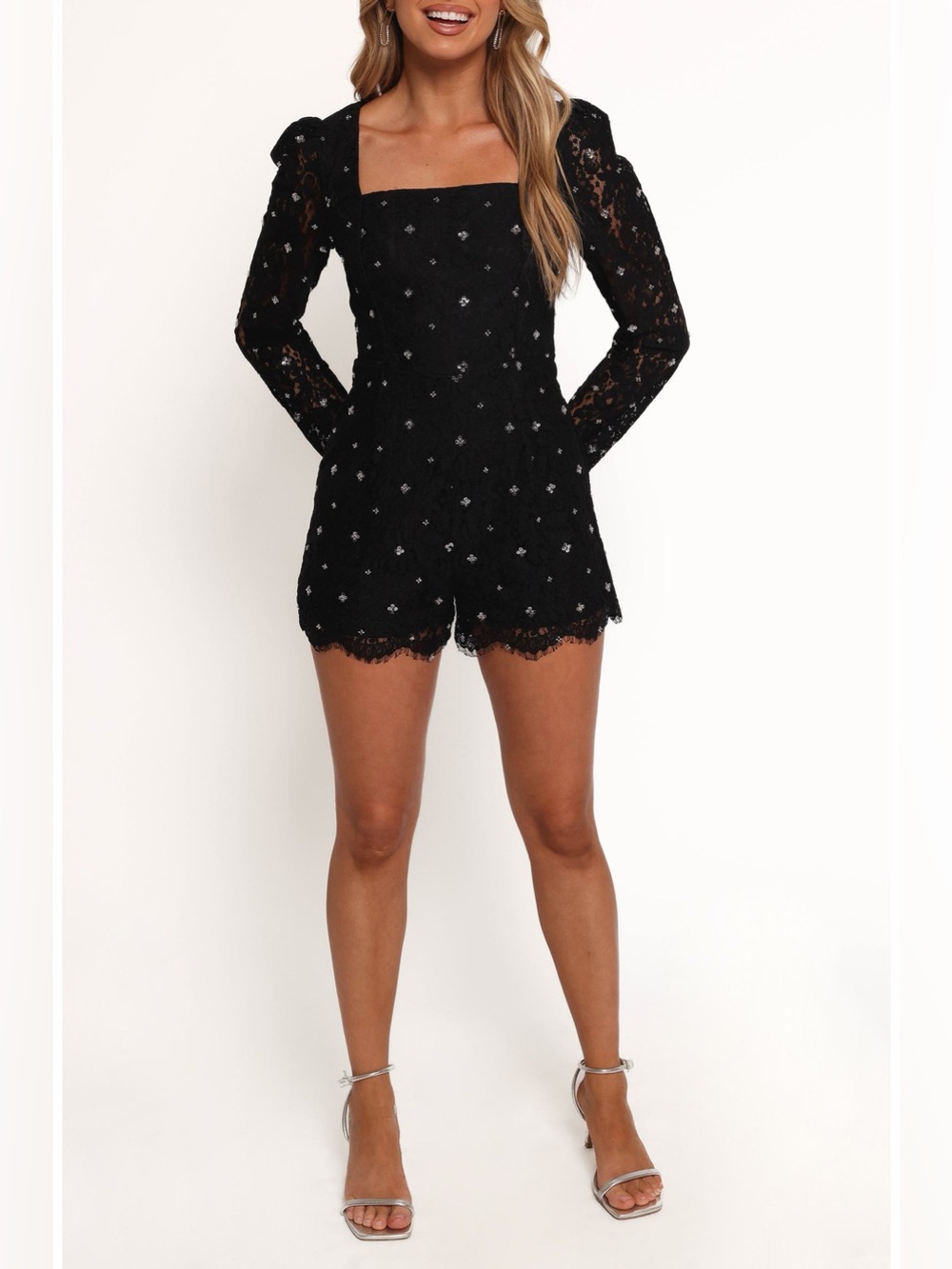 Petal & Pup Vali Embellished Lace Romper Black Size M Long Sleeve